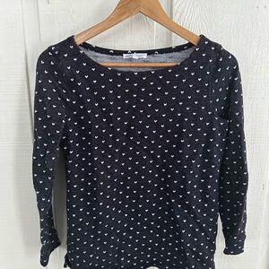Talbots Hello Saturday Women Black Navy Heart Print Long Sleeve Valentine Shirt